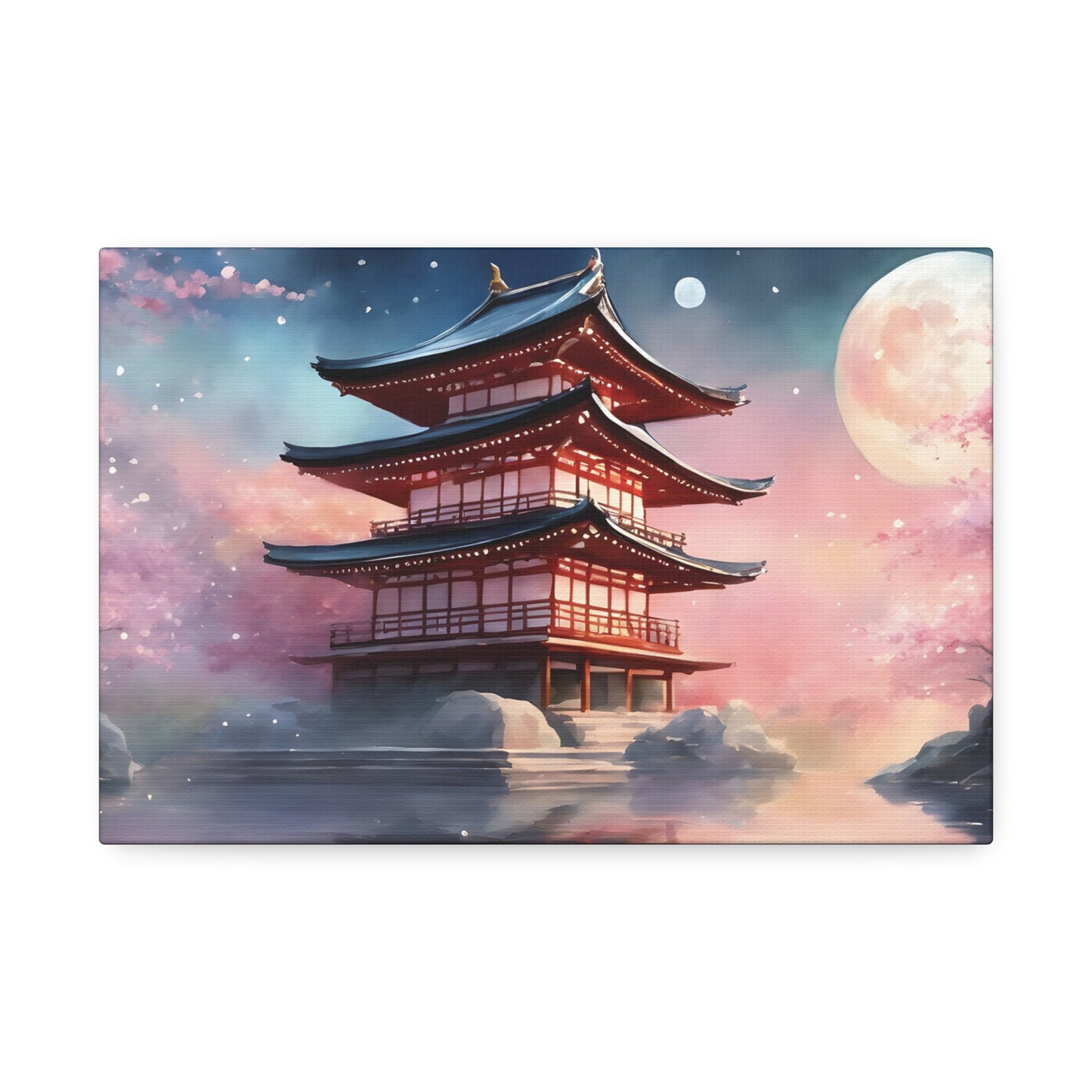 Moonlit Japanese Temple Watercolor Canvas Print