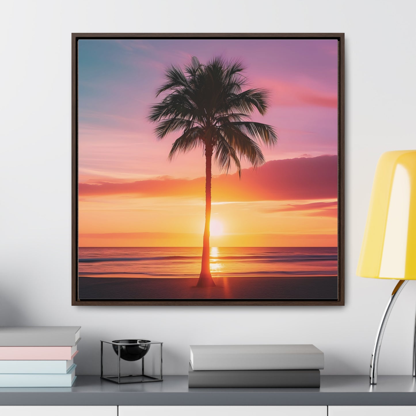 Translucent Sunset Palm Tree Square Canvas Wrap