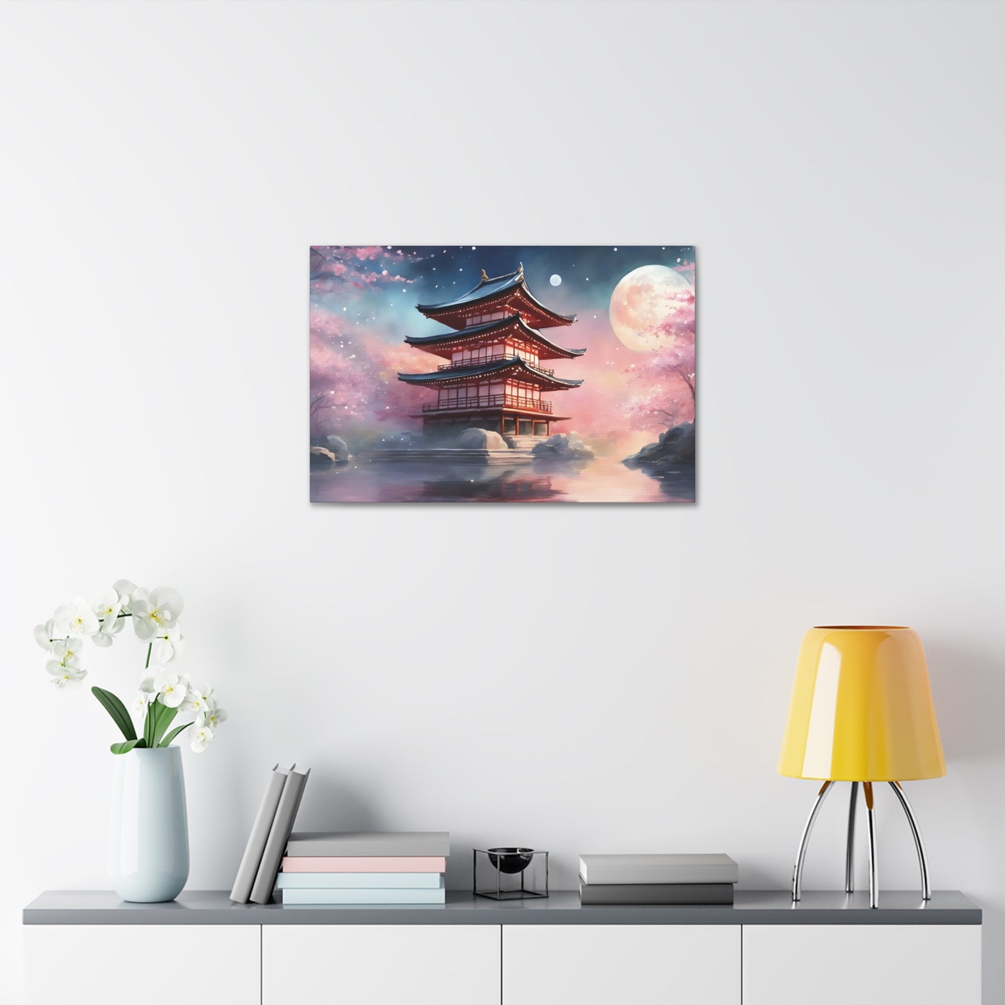 Moonlit Japanese Temple Watercolor Canvas Print