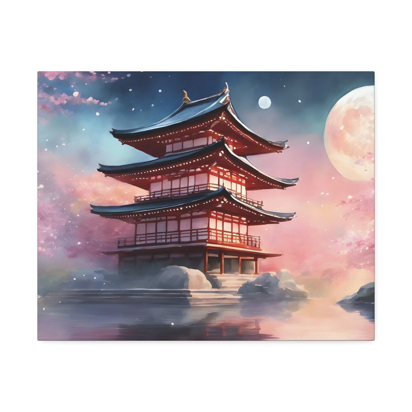 Moonlit Japanese Temple Watercolor Canvas Print