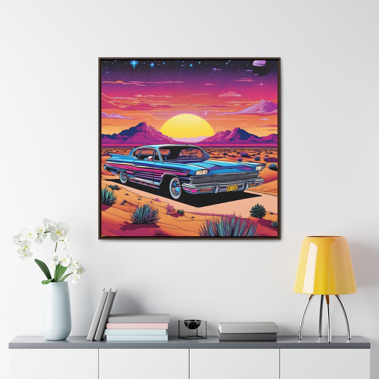 Desert Starlit Night Synthwave Car Canvas Art