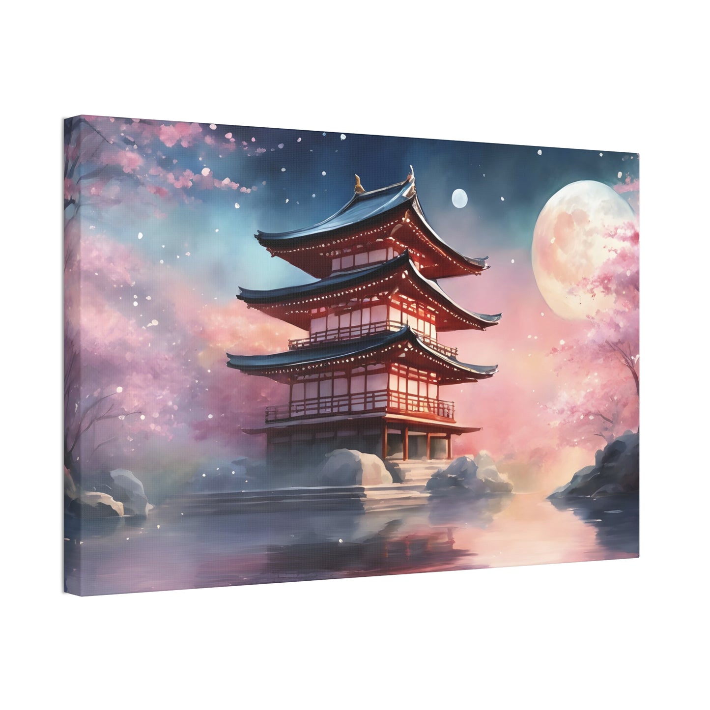 Moonlit Japanese Temple Watercolor Canvas Print