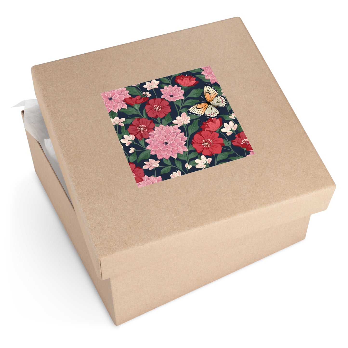 Butterfly and Flowers Square Vinyl Sticker