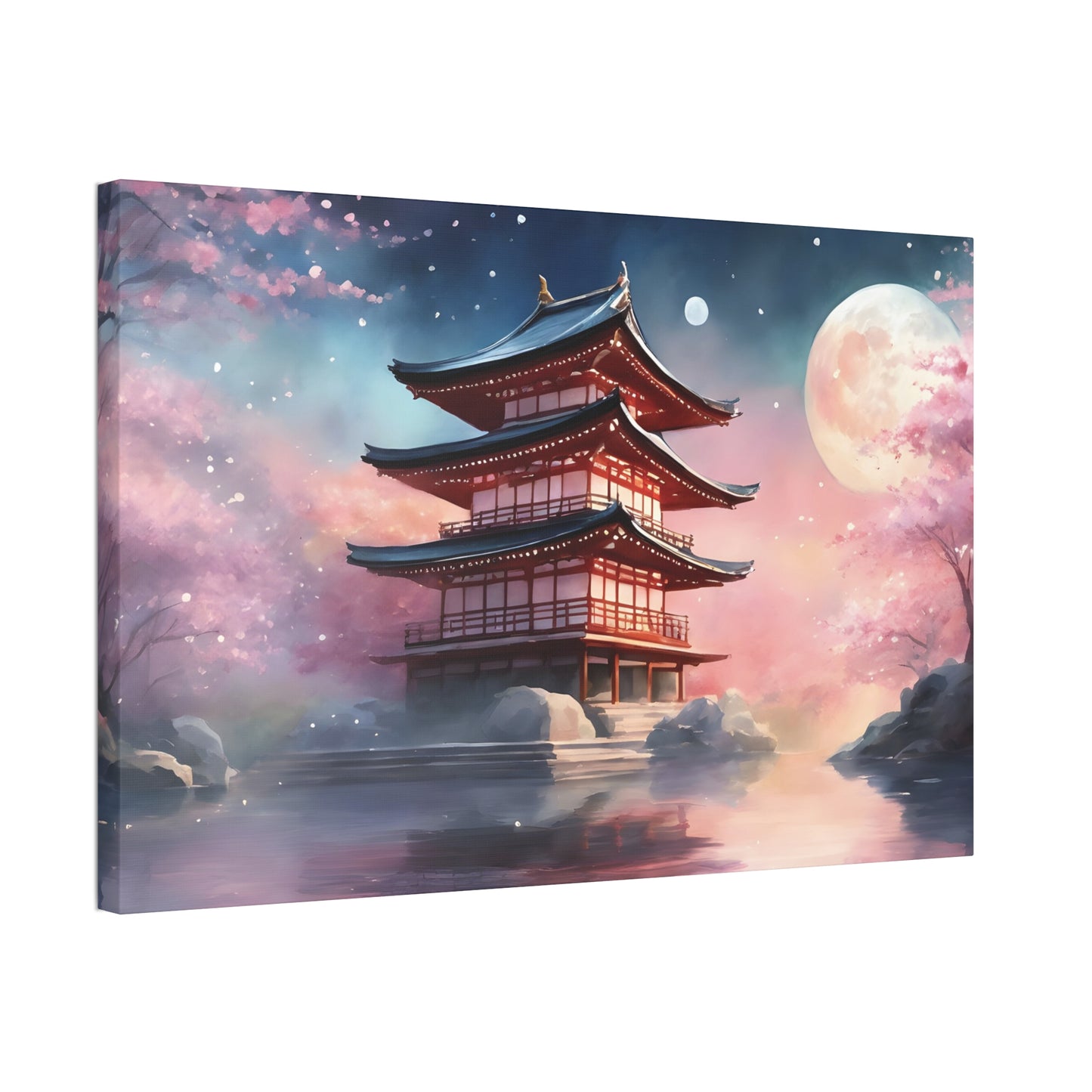 Moonlit Japanese Temple Watercolor Canvas Print
