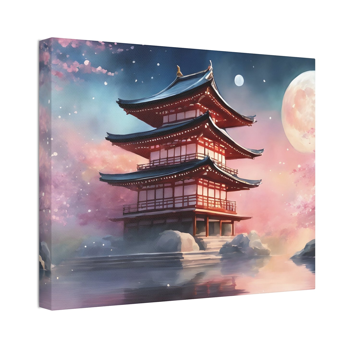 Moonlit Japanese Temple Watercolor Canvas Print