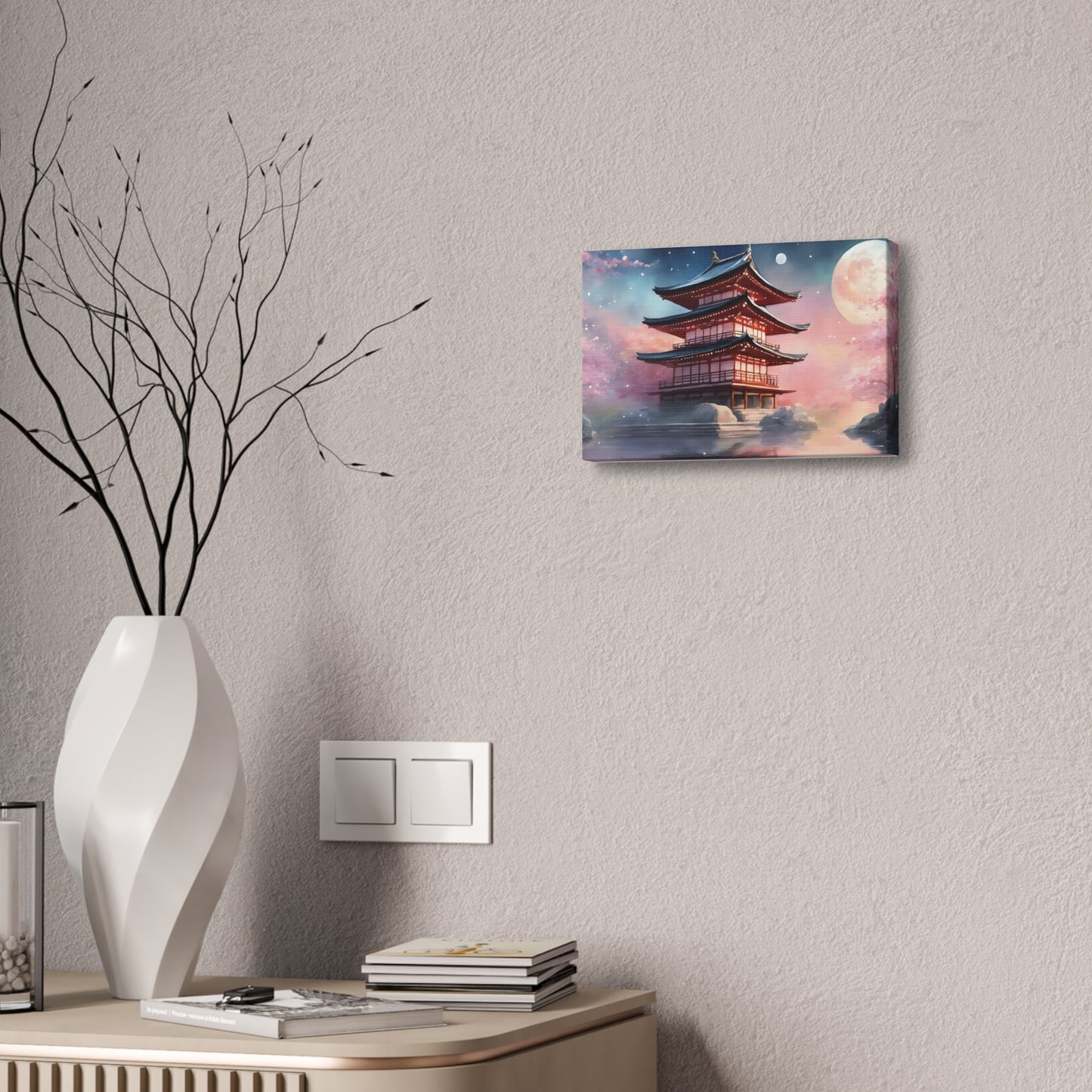 Moonlit Japanese Temple Watercolor Canvas Print