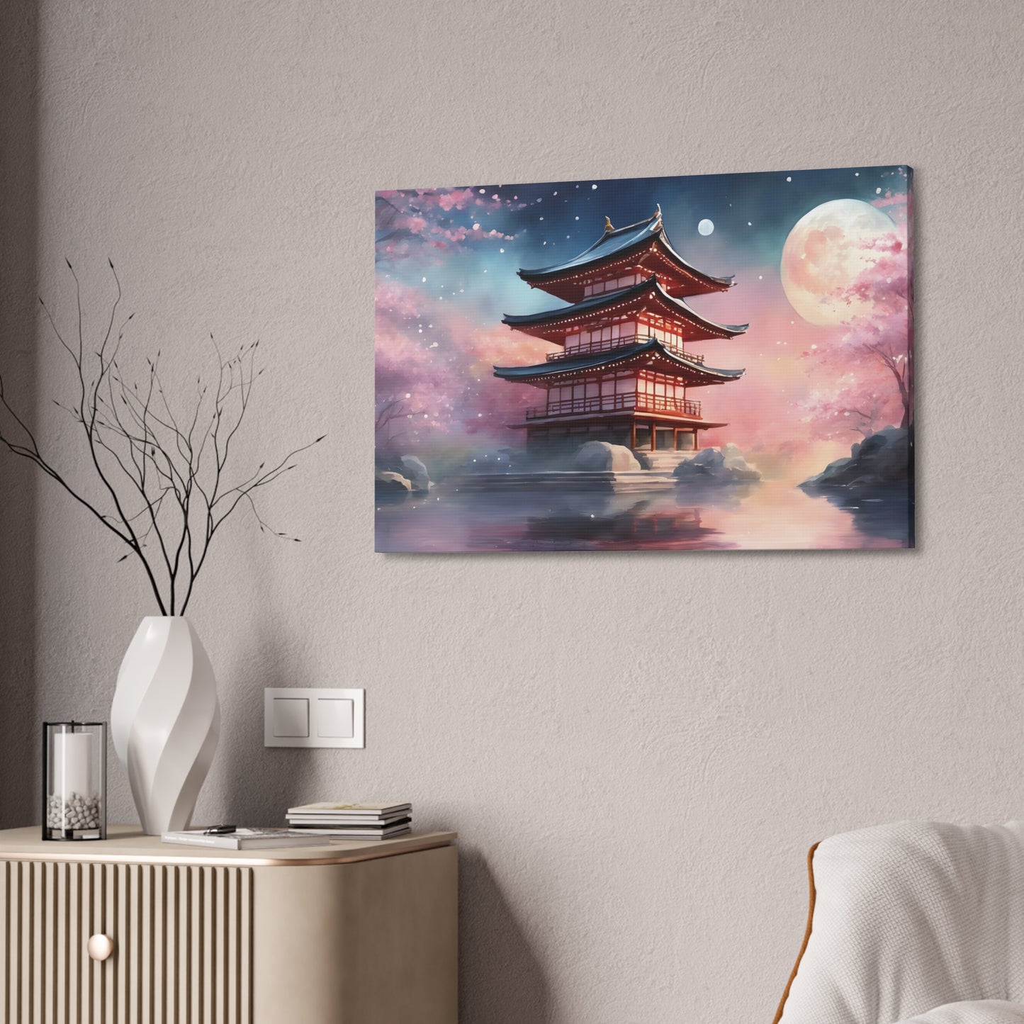 Moonlit Japanese Temple Watercolor Canvas Print