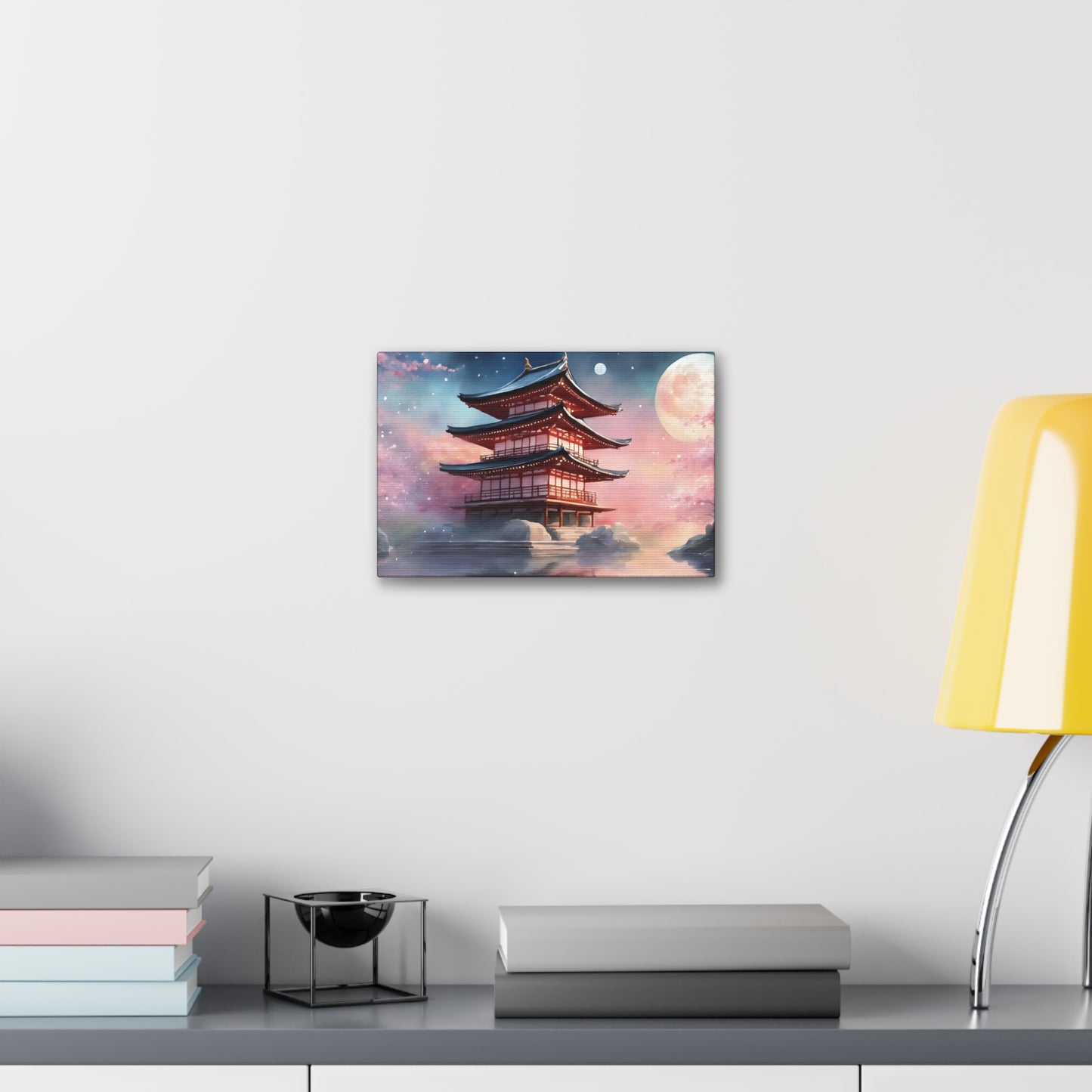 Moonlit Japanese Temple Watercolor Canvas Print