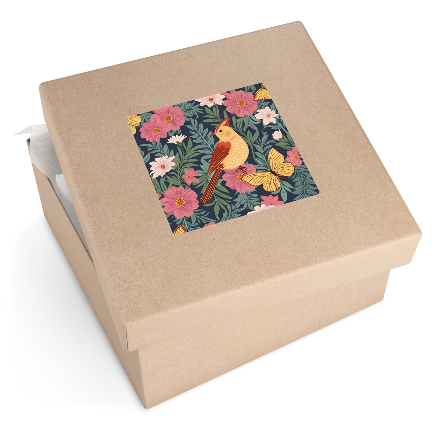 Bird with Butterfly and Flowers Square Vinyl Sticker