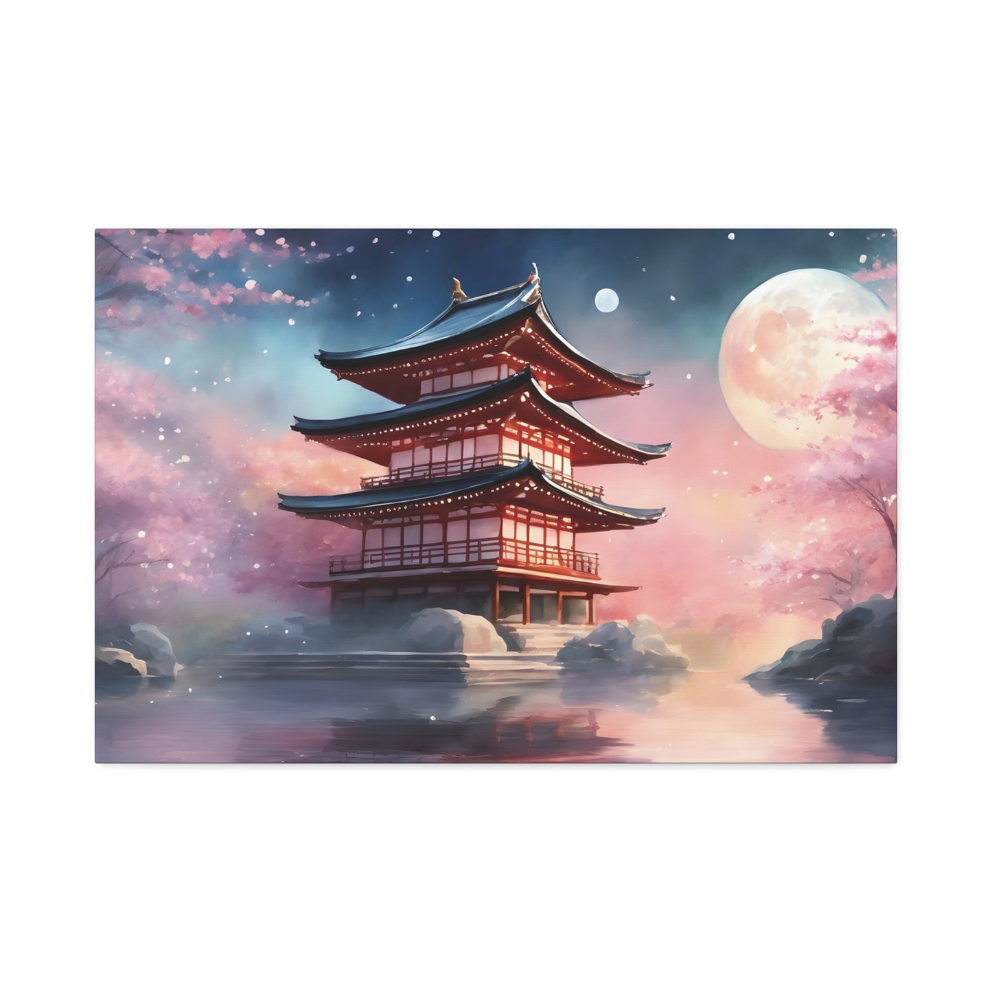 Moonlit Japanese Temple Watercolor Canvas Print