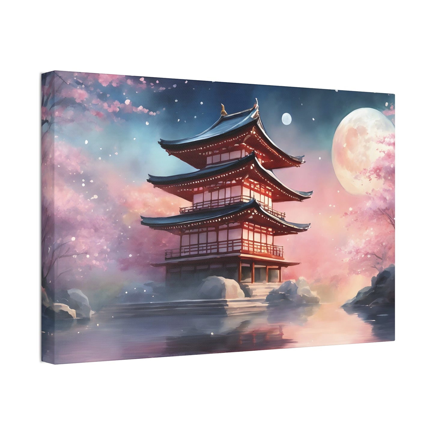 Moonlit Japanese Temple Watercolor Canvas Print