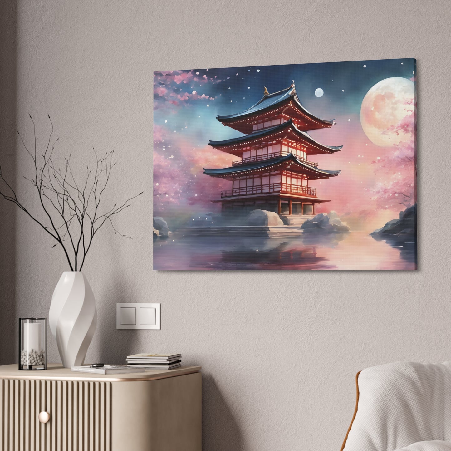 Moonlit Japanese Temple Watercolor Canvas Print
