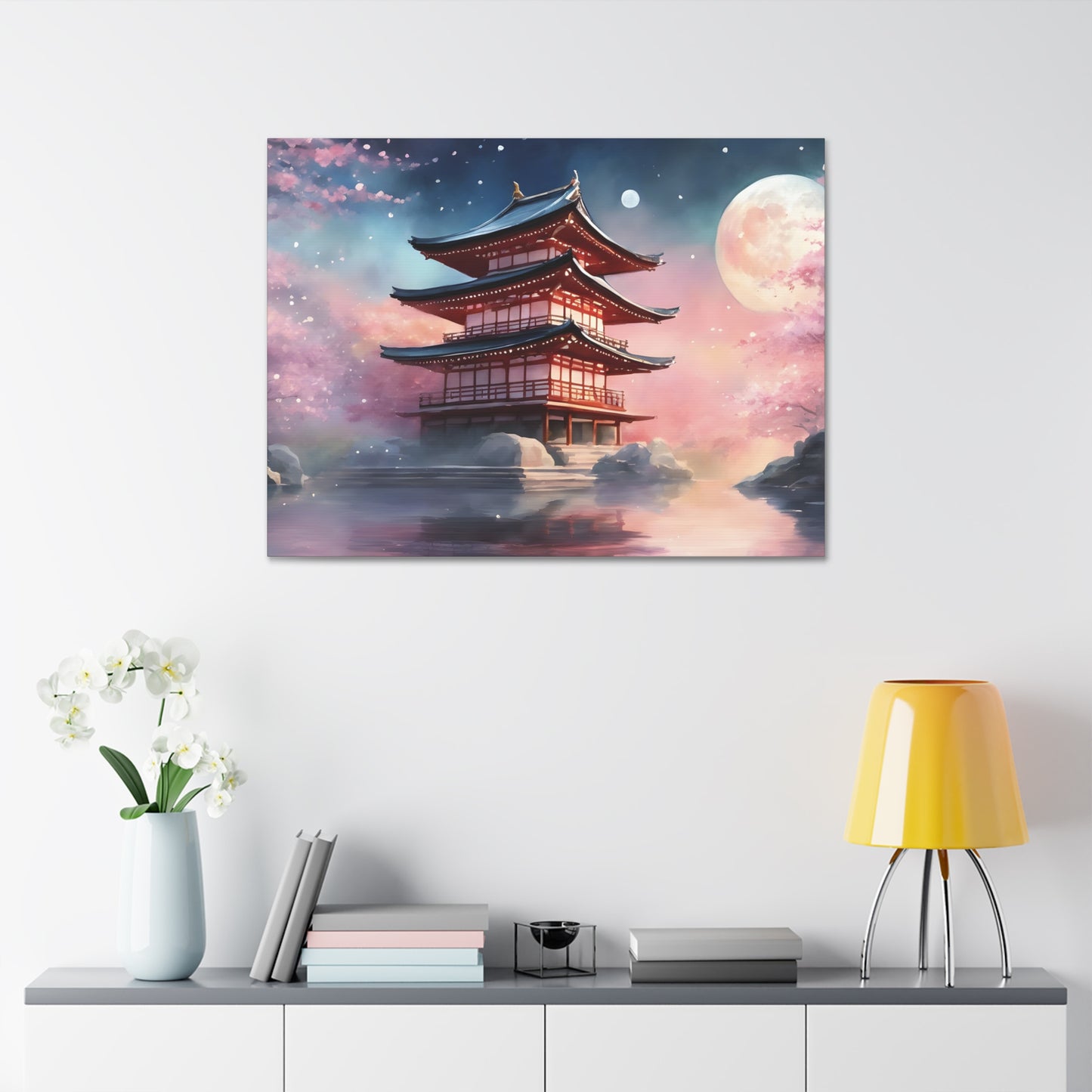 Moonlit Japanese Temple Watercolor Canvas Print