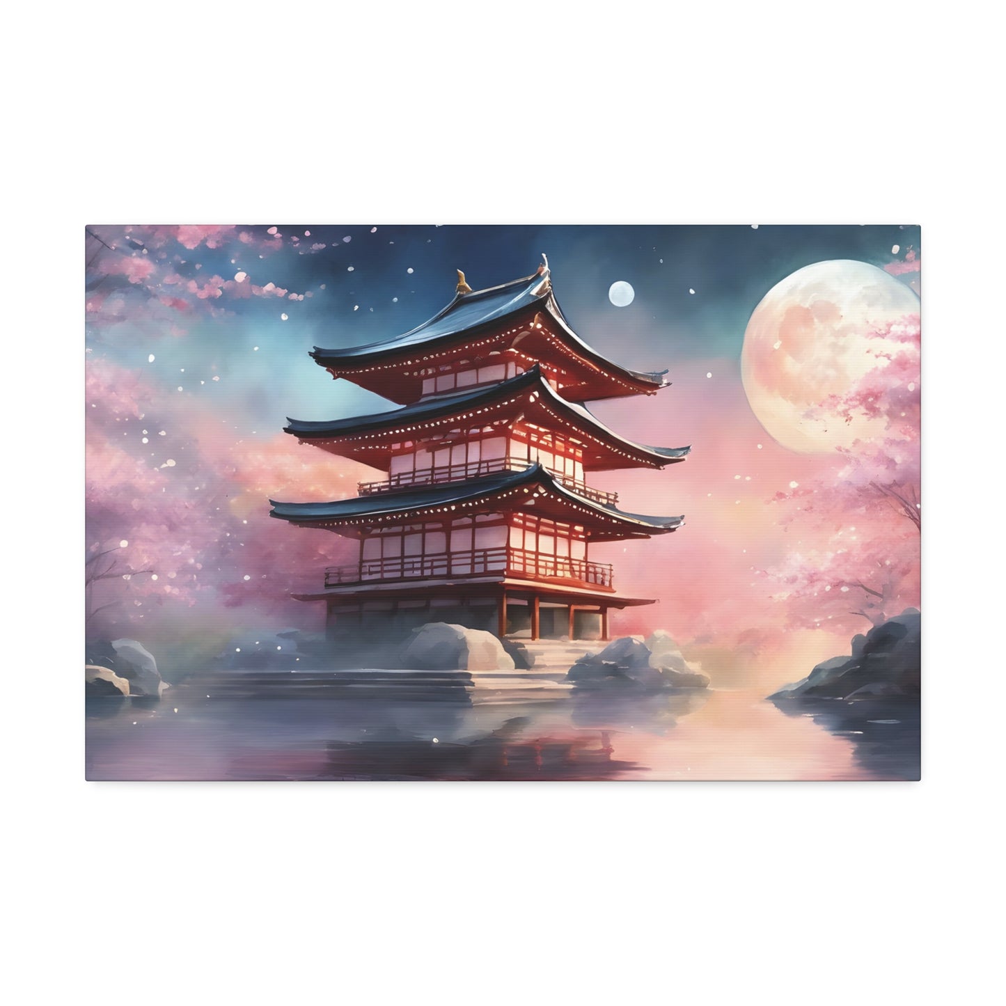 Moonlit Japanese Temple Watercolor Canvas Print