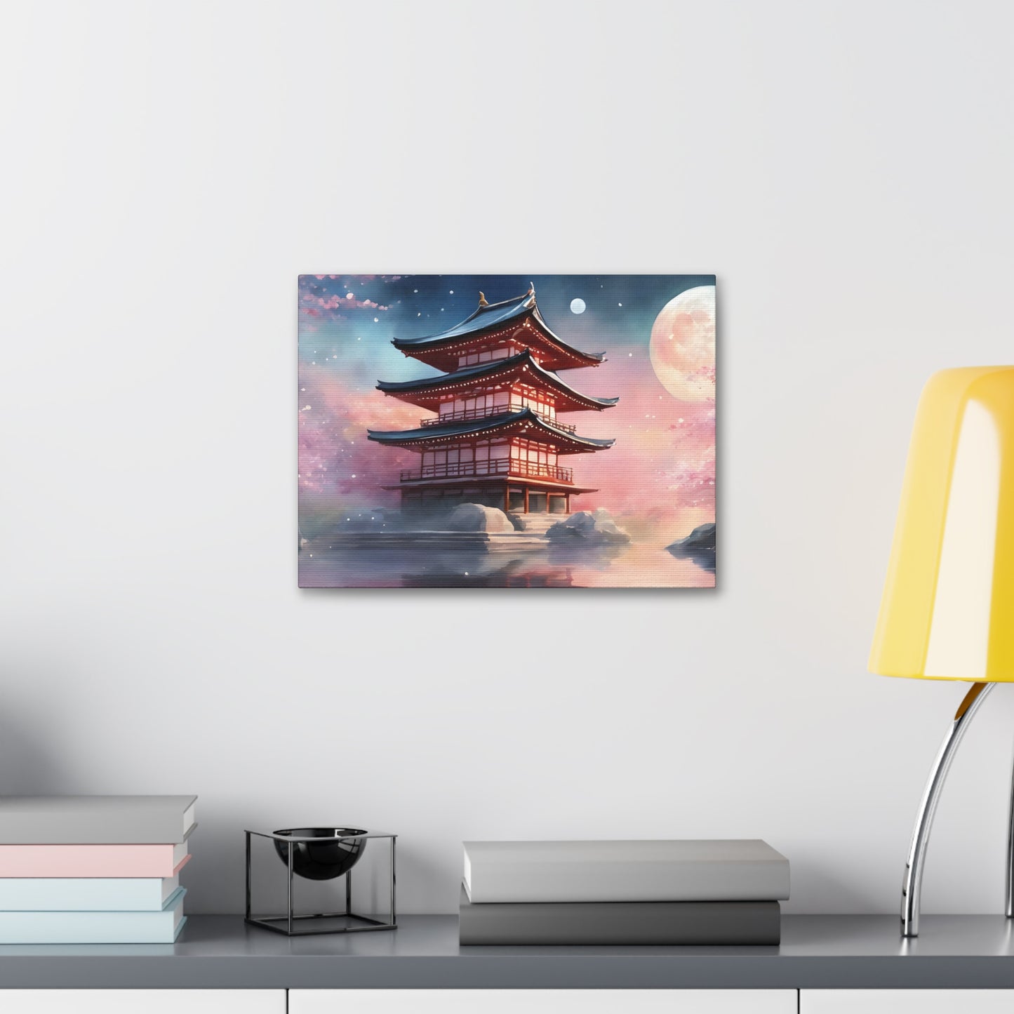 Moonlit Japanese Temple Watercolor Canvas Print