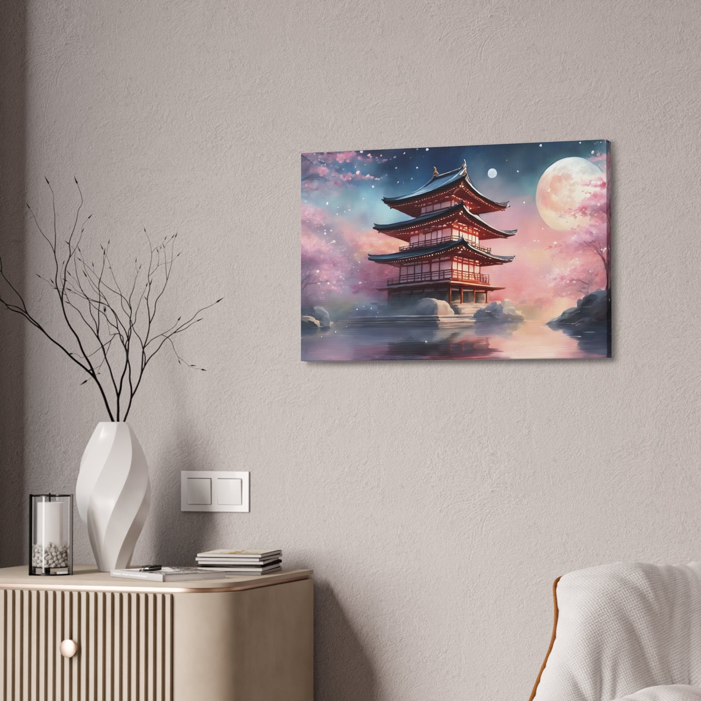 Moonlit Japanese Temple Watercolor Canvas Print