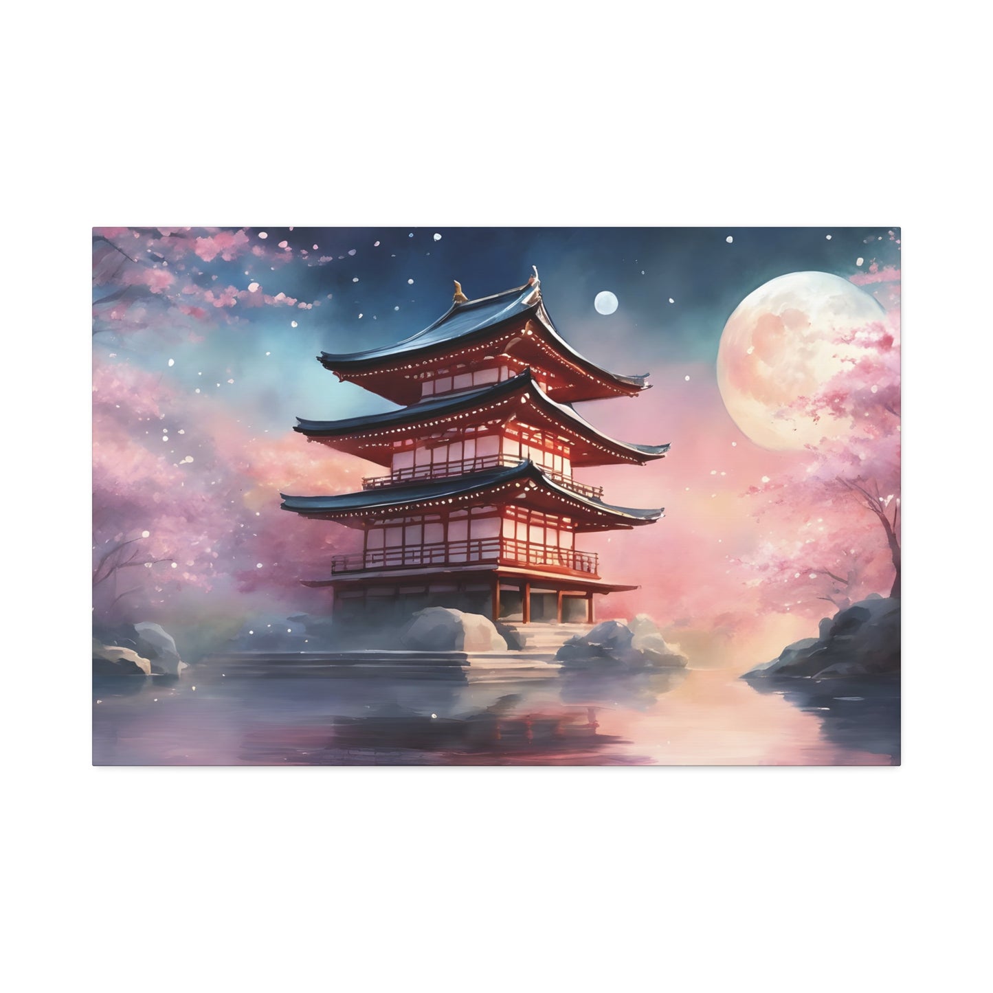 Moonlit Japanese Temple Watercolor Canvas Print