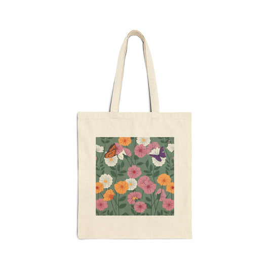 Butterflies in Flowers Cotton Tote Bag, Durable 15"x16" Everyday Bag for Shopping, Perfect Gift for Nature Lovers