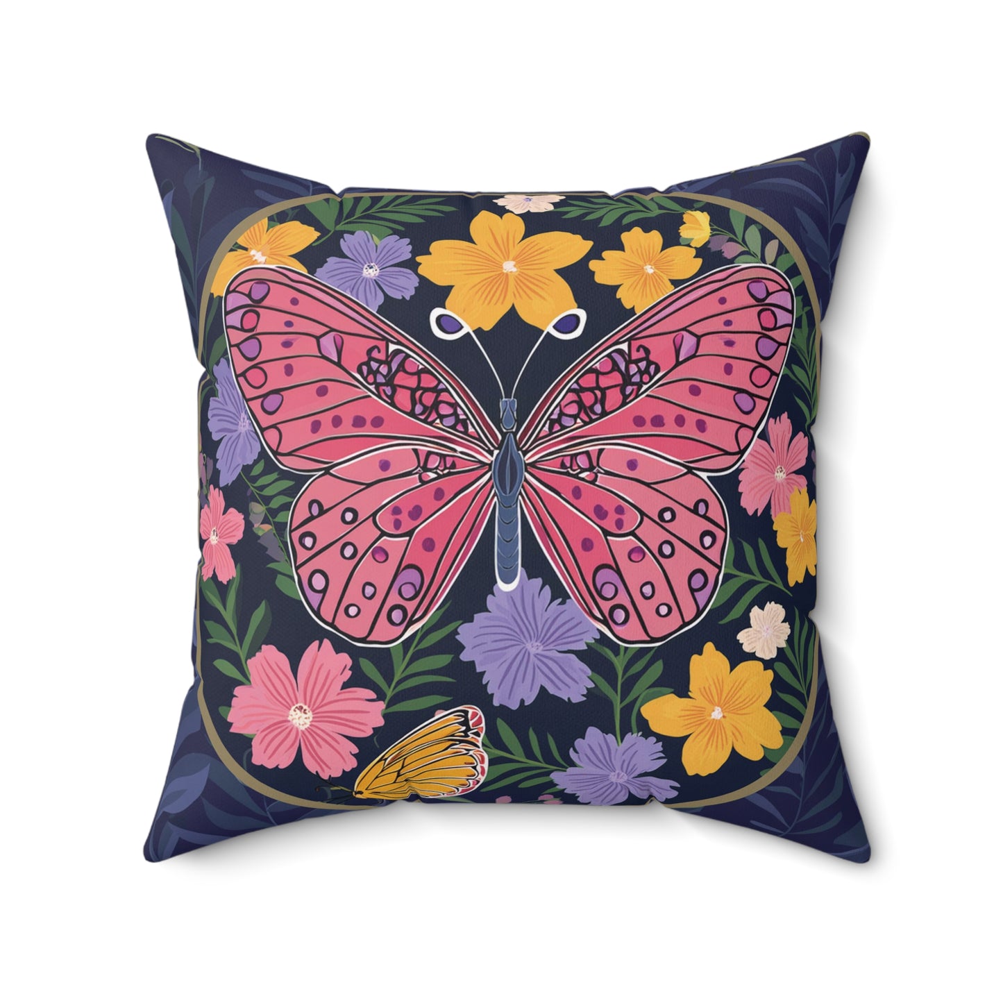 Butterfly  and Flowers Spun Polyester Square Pillow