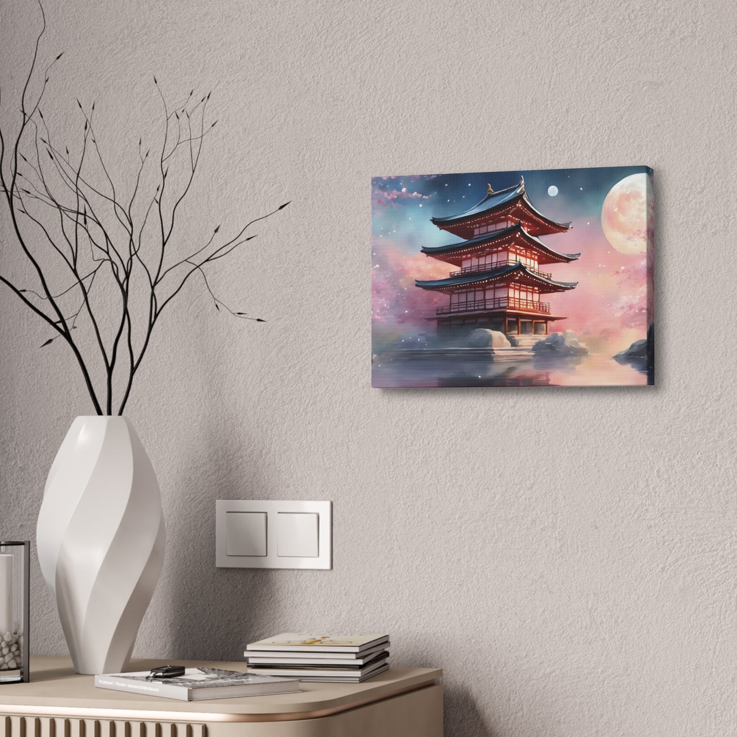 Moonlit Japanese Temple Watercolor Canvas Print