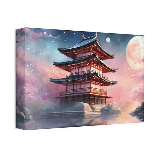 Moonlit Japanese Temple Watercolor Canvas Print