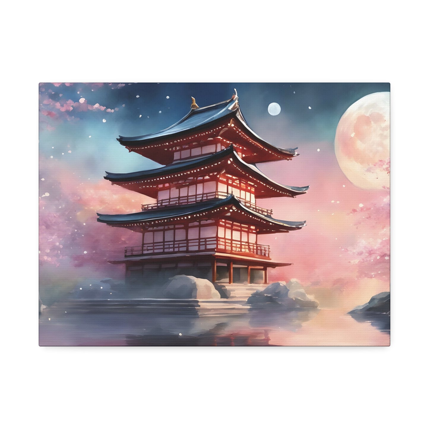 Moonlit Japanese Temple Watercolor Canvas Print