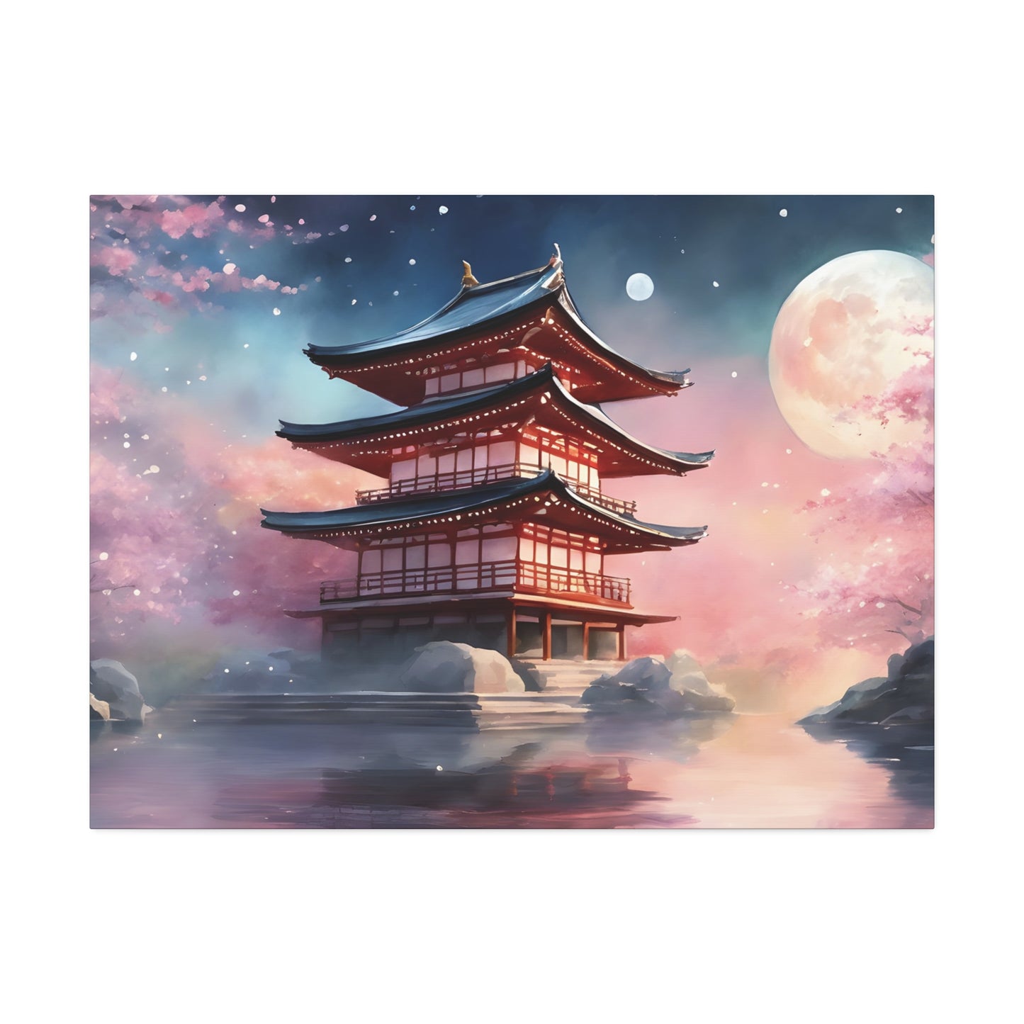 Moonlit Japanese Temple Watercolor Canvas Print