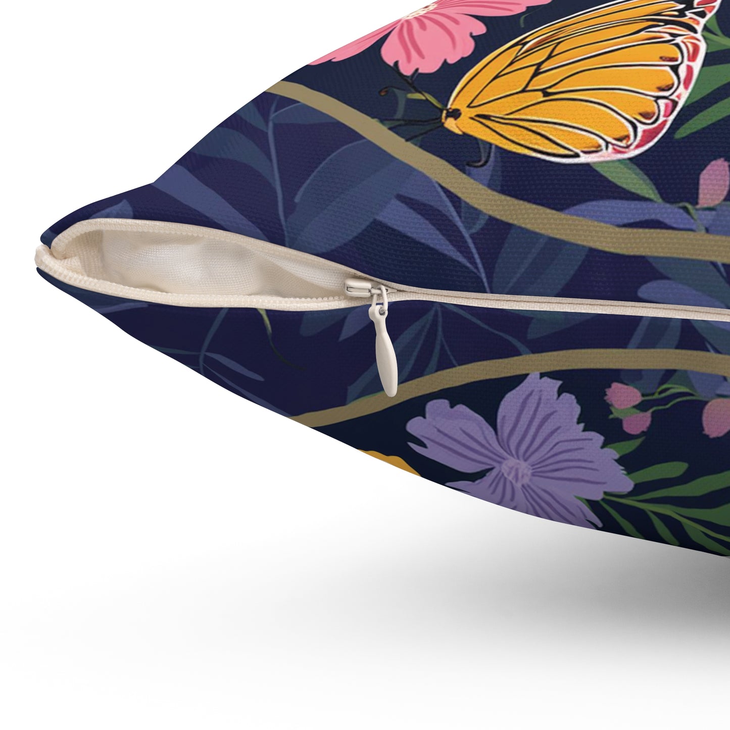 Butterfly  and Flowers Spun Polyester Square Pillow