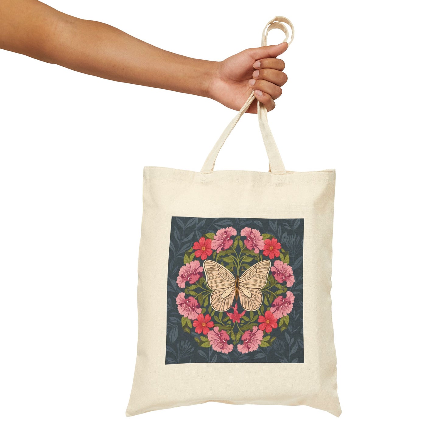 Butterfly in Flowers Cotton Tote Bag, Durable 15x16 Shop Bag with 20" Handles, Eco-Friendly Gift for Her