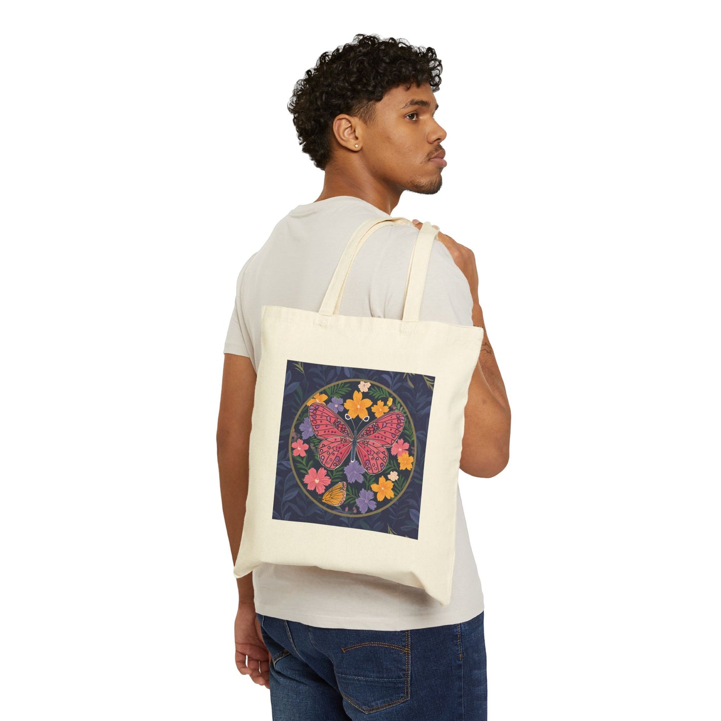 Butterfly in Flowers Cotton Canvas Tote Bag