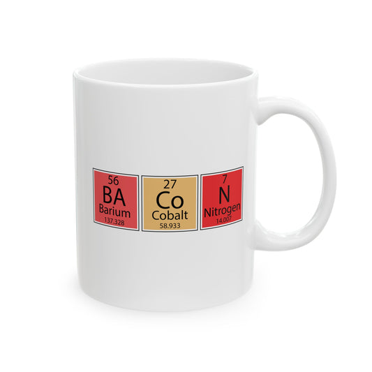 Bacon Periodic Table Mug, Chemistry Inspired Ceramic Coffee Cup, Fun Kitchen Drinkware, Gift for Foodies & Science Lovers