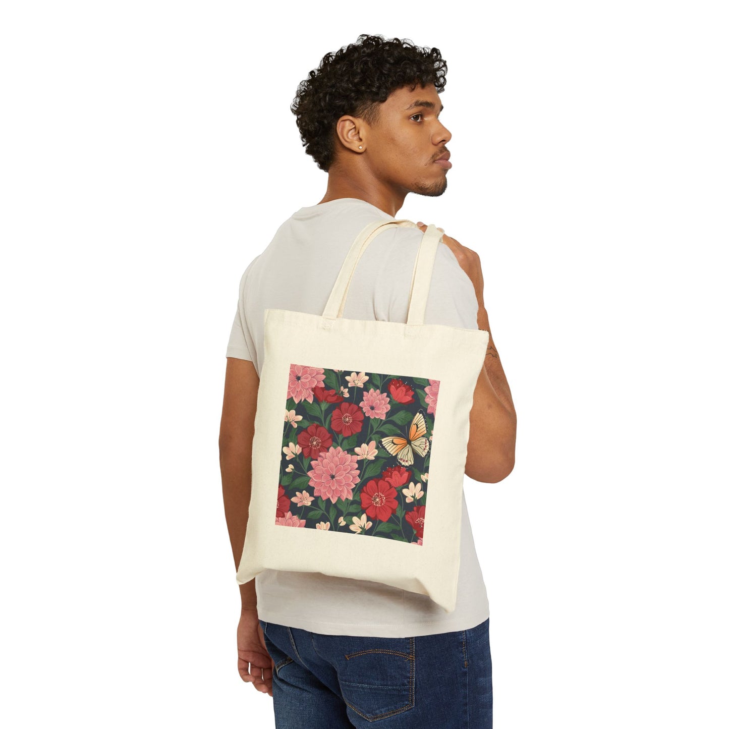 Butterfly in Flowers Cotton Tote Bag, Durable 15"x16" Canvas Bag for Everyday Shopping, Perfect Gift for Nature Lovers