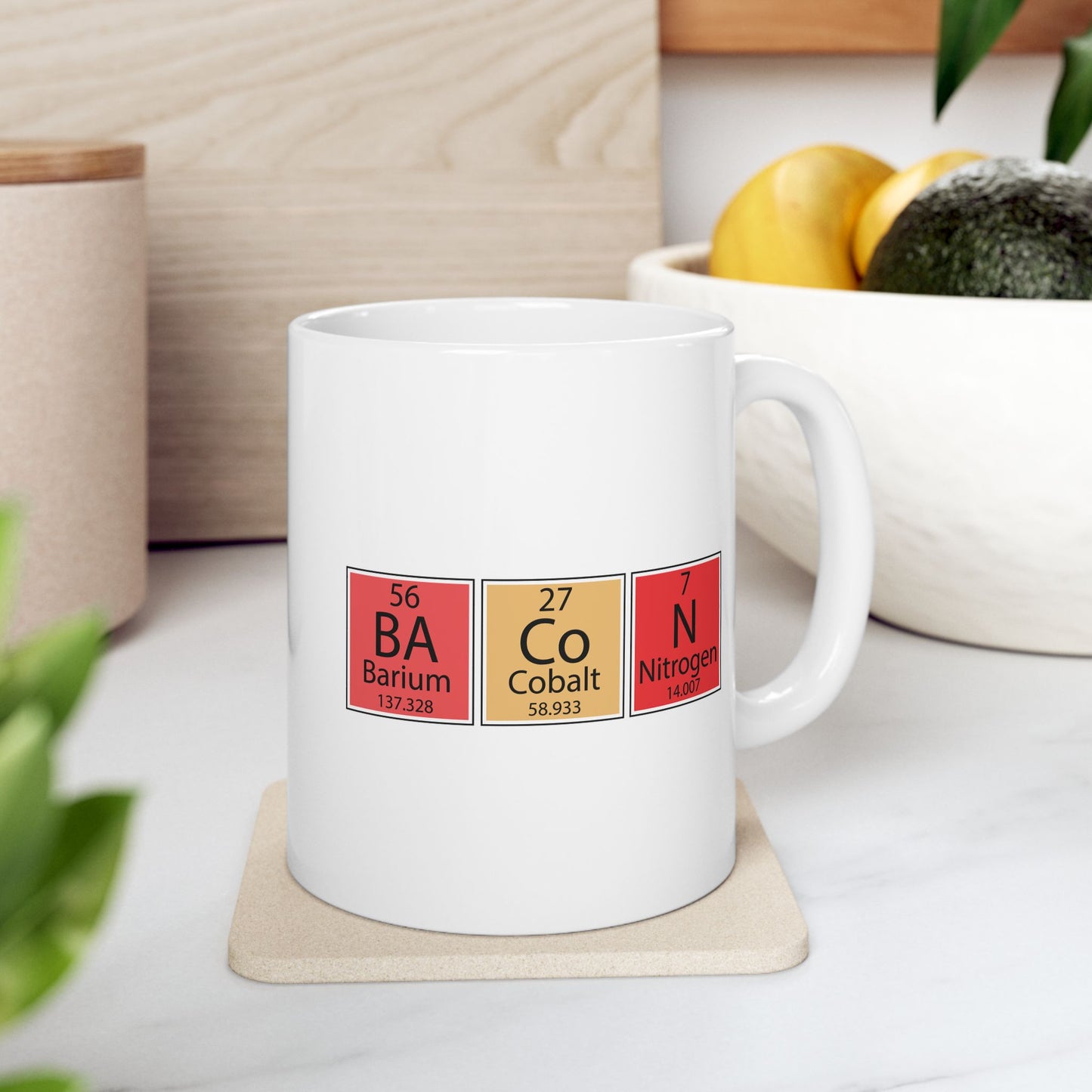 Bacon Periodic Table Mug, Chemistry Inspired Ceramic Coffee Cup, Fun Kitchen Drinkware, Gift for Foodies & Science Lovers