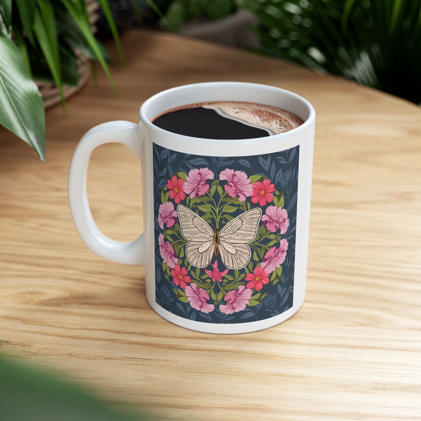 Butterfly in Floral Wreath Ceramic Mug