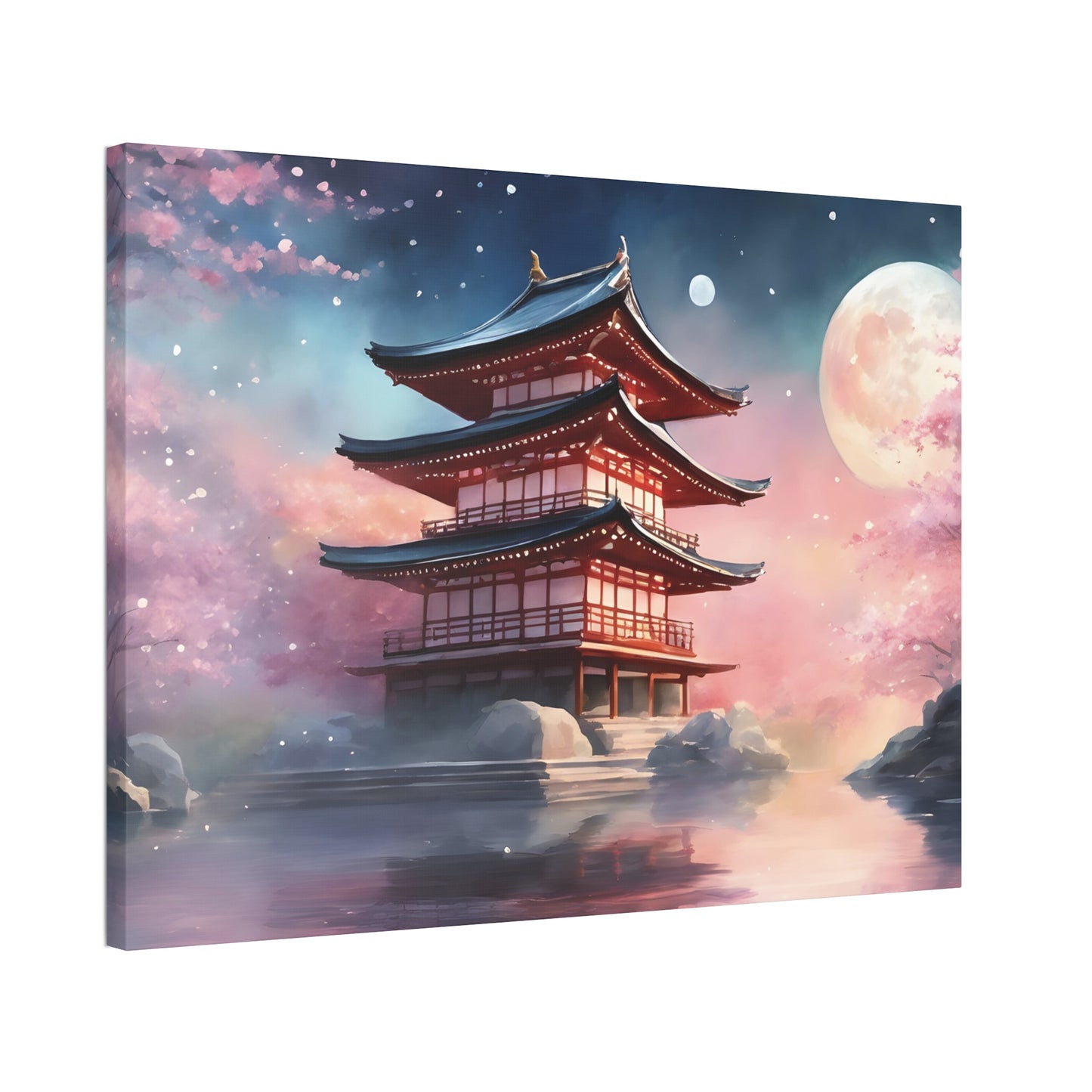 Moonlit Japanese Temple Watercolor Canvas Print