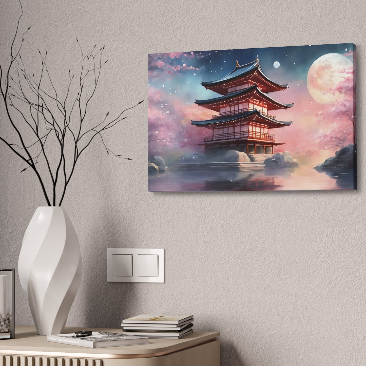 Moonlit Japanese Temple Watercolor Canvas Print
