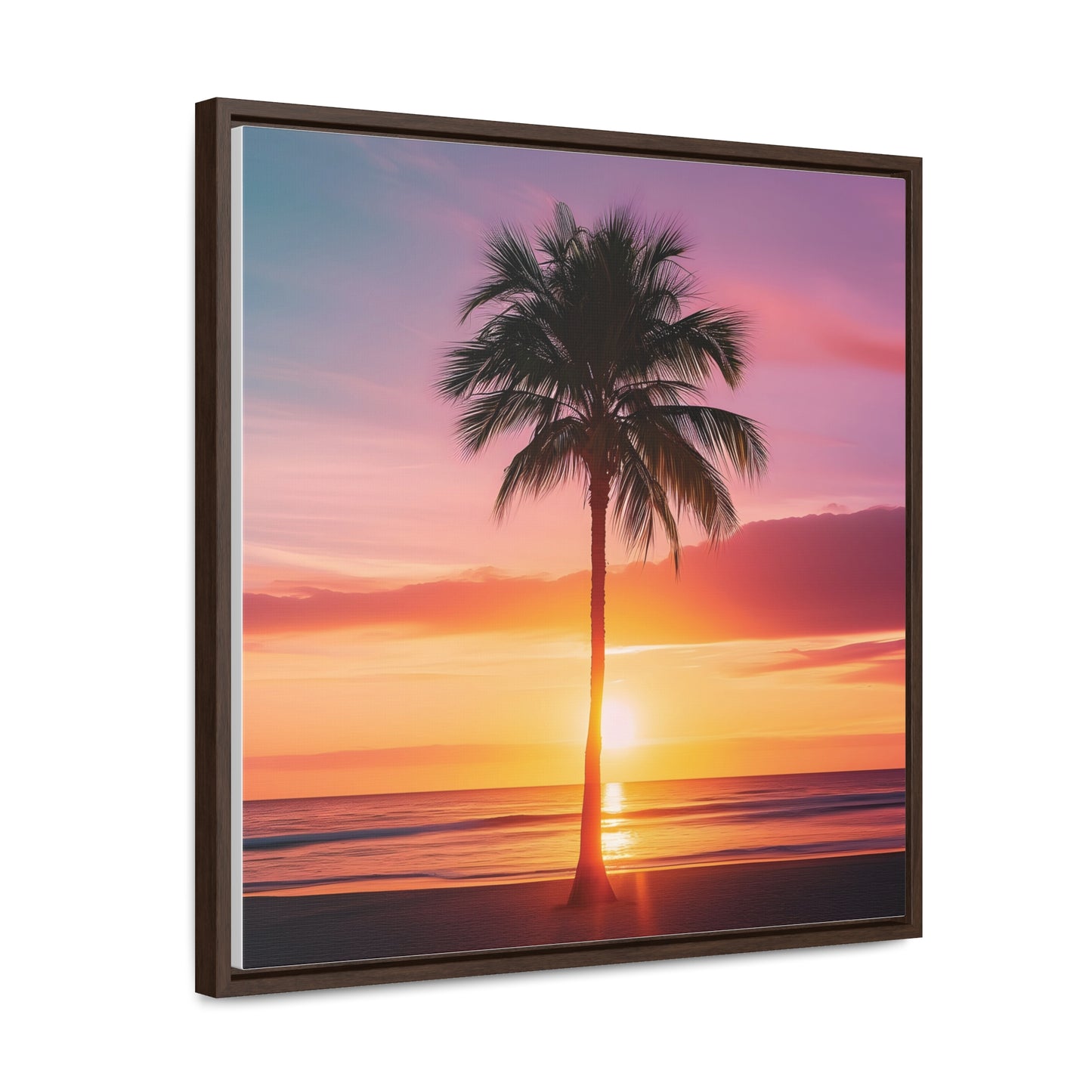 Translucent Sunset Palm Tree Square Canvas Wrap