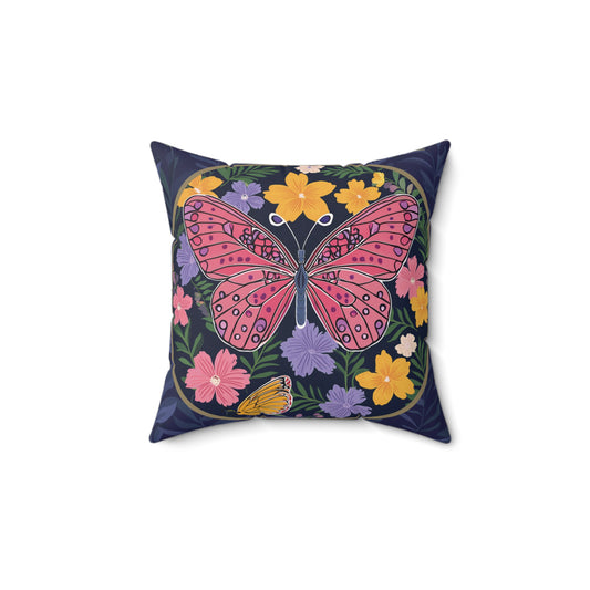 Butterfly  and Flowers Spun Polyester Square Pillow