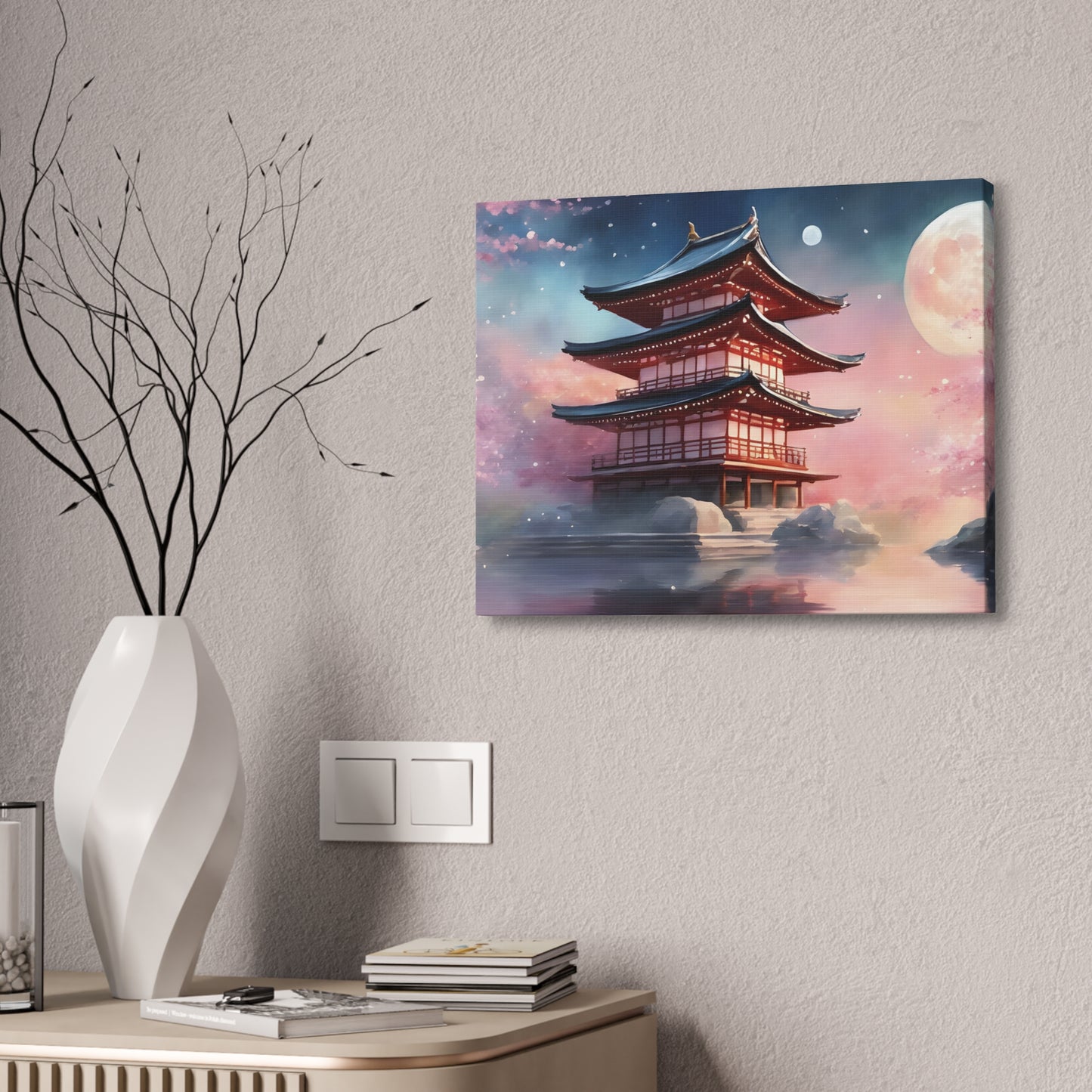 Moonlit Japanese Temple Watercolor Canvas Print