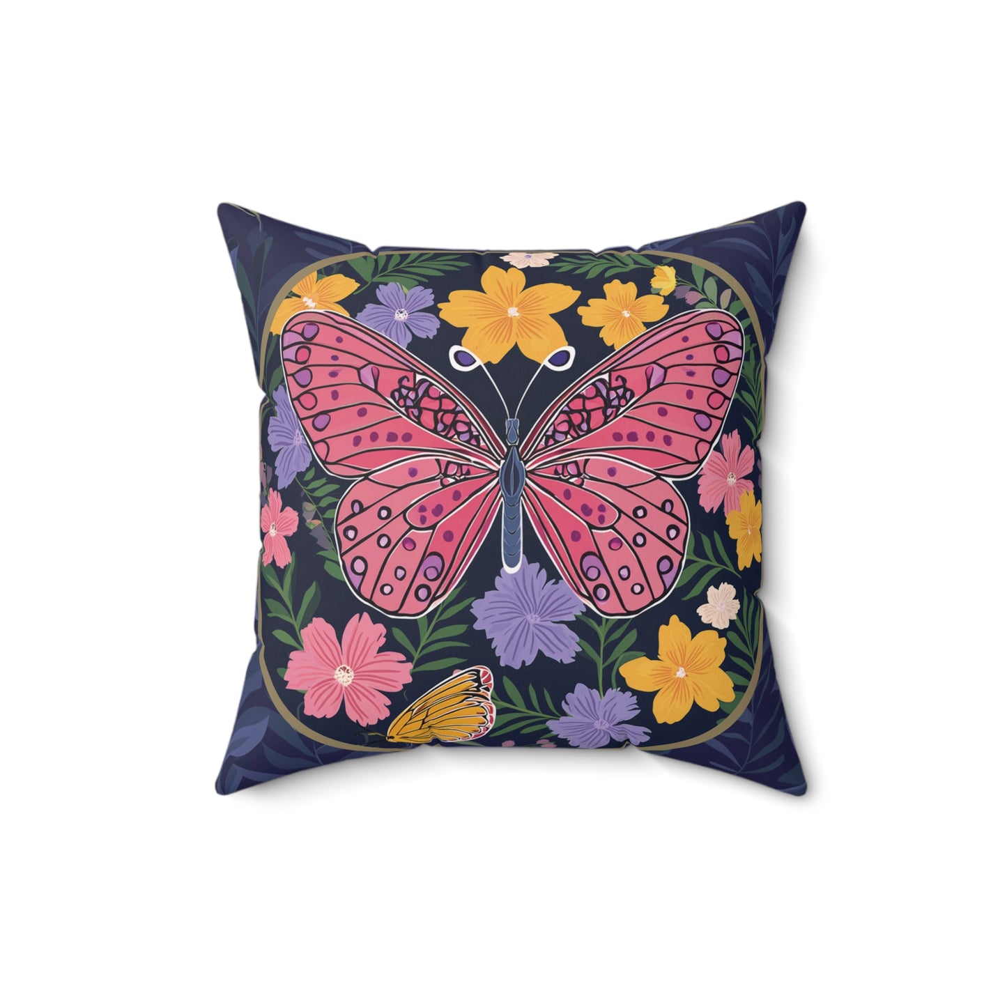 Butterfly  and Flowers Spun Polyester Square Pillow