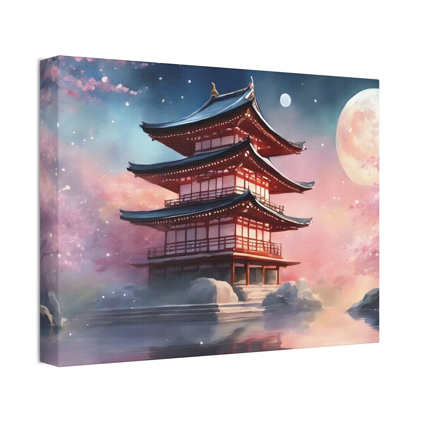 Moonlit Japanese Temple Watercolor Canvas Print