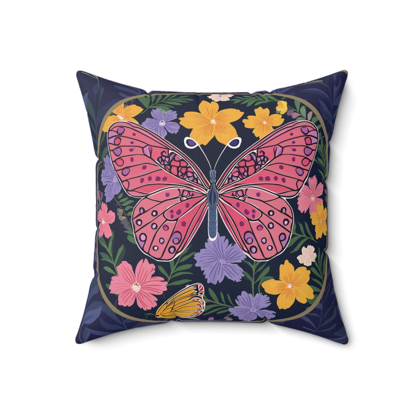 Butterfly  and Flowers Spun Polyester Square Pillow