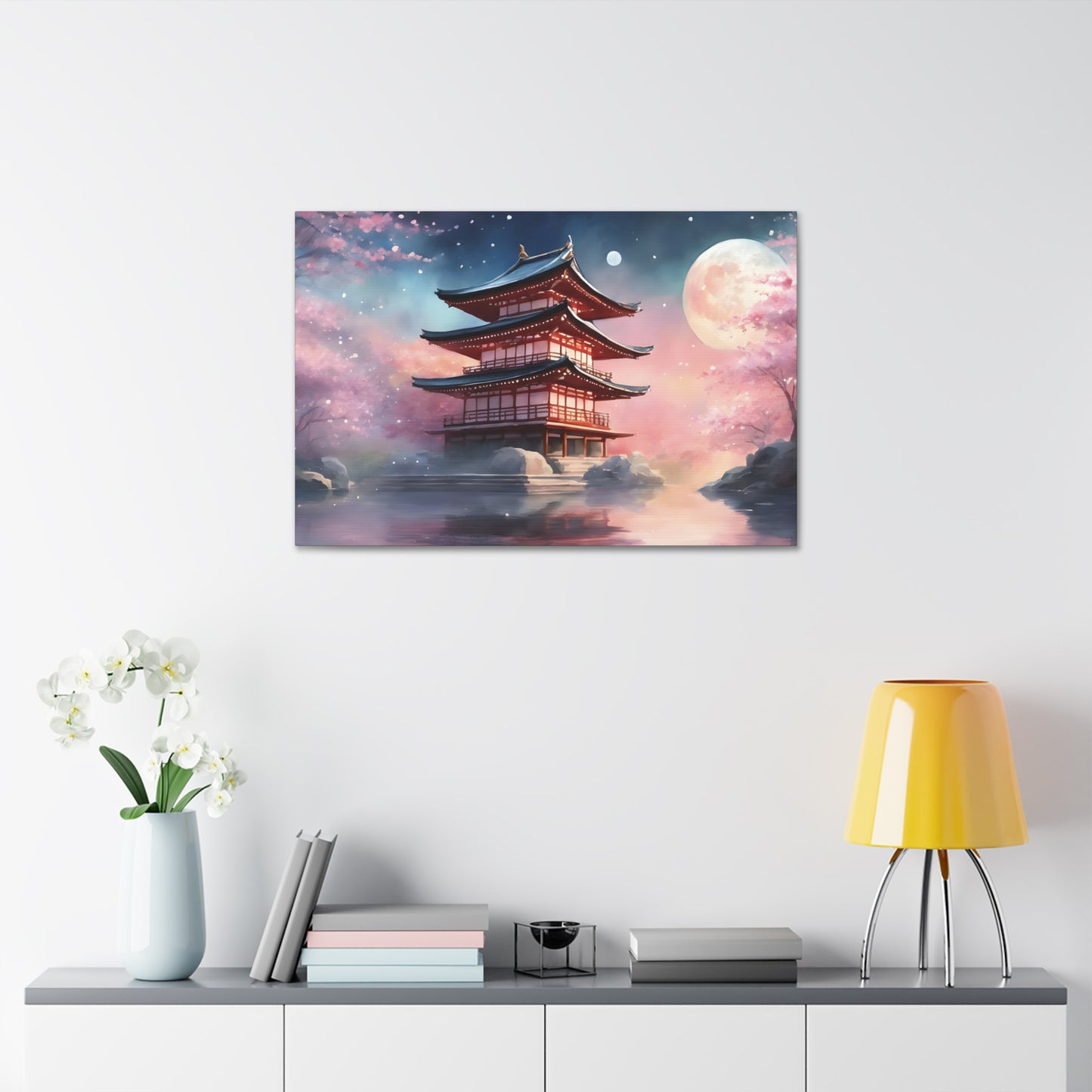 Moonlit Japanese Temple Watercolor Canvas Print