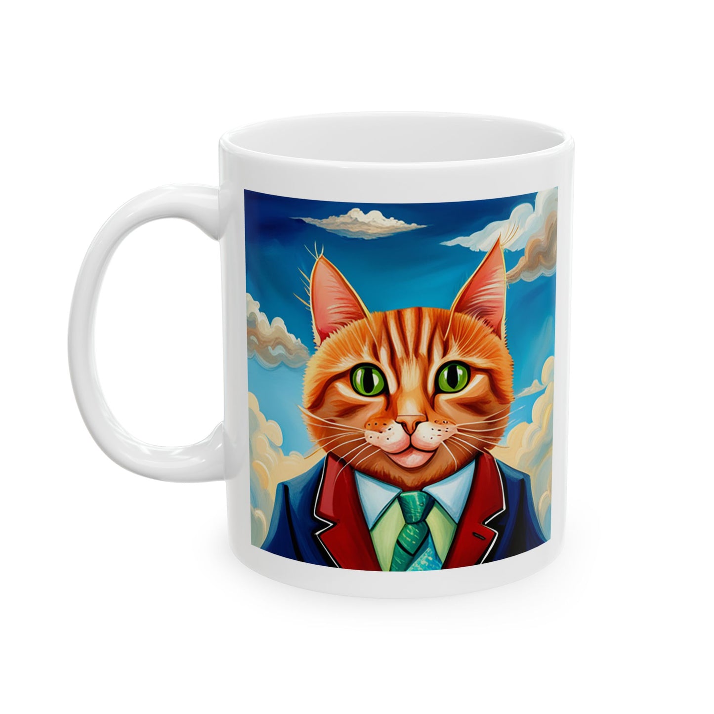 Orange Cat Wearing a Green Tie Ceramic Mug