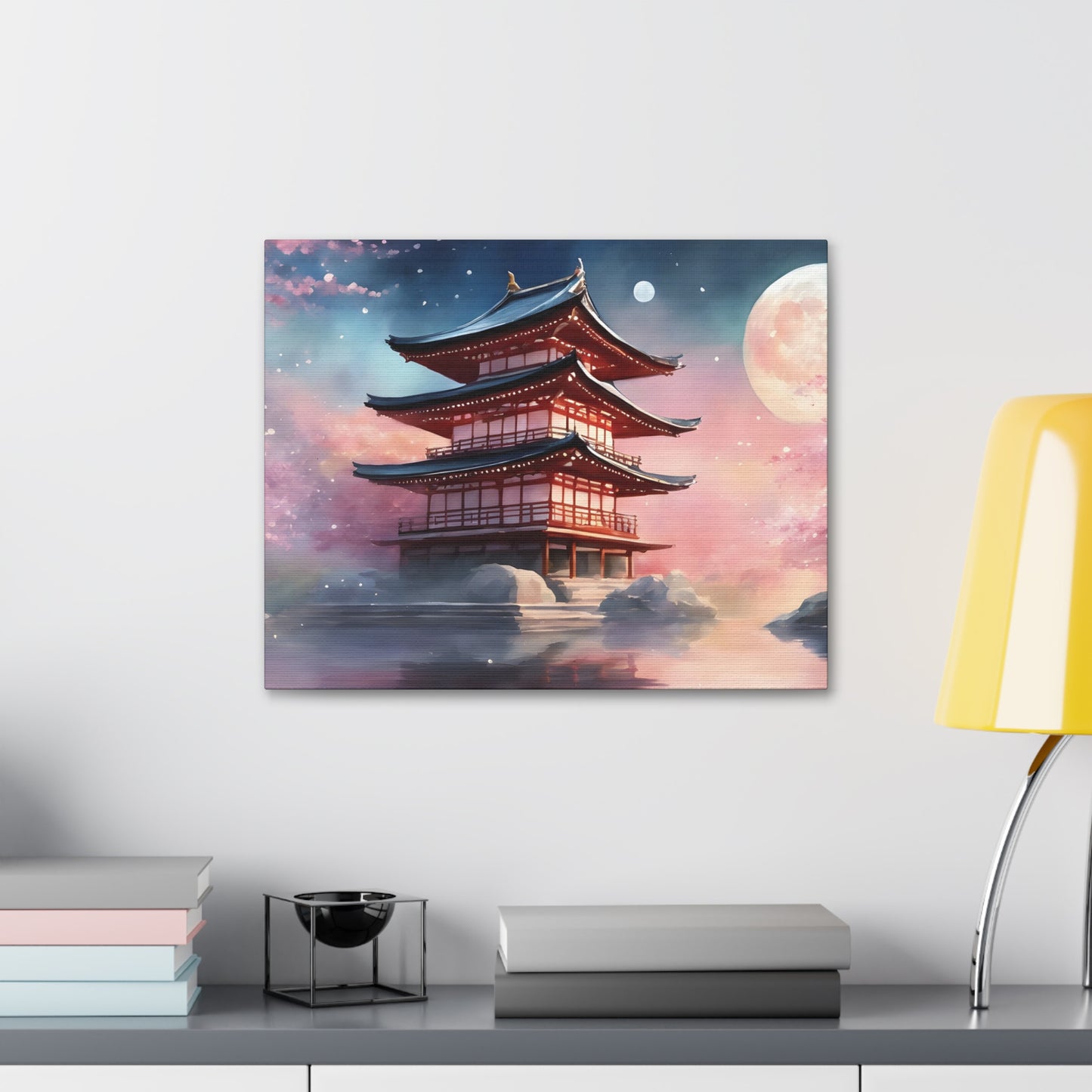 Moonlit Japanese Temple Watercolor Canvas Print