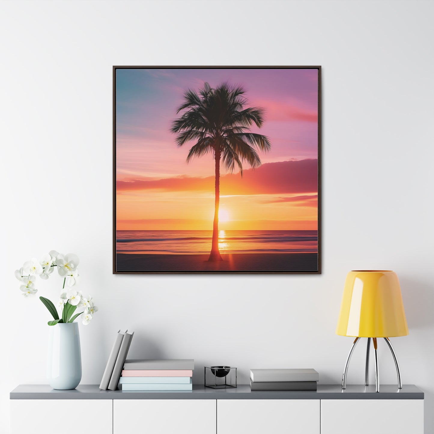 Translucent Sunset Palm Tree Square Canvas Wrap