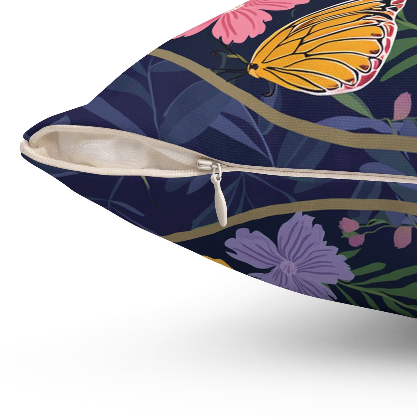 Butterfly  and Flowers Spun Polyester Square Pillow