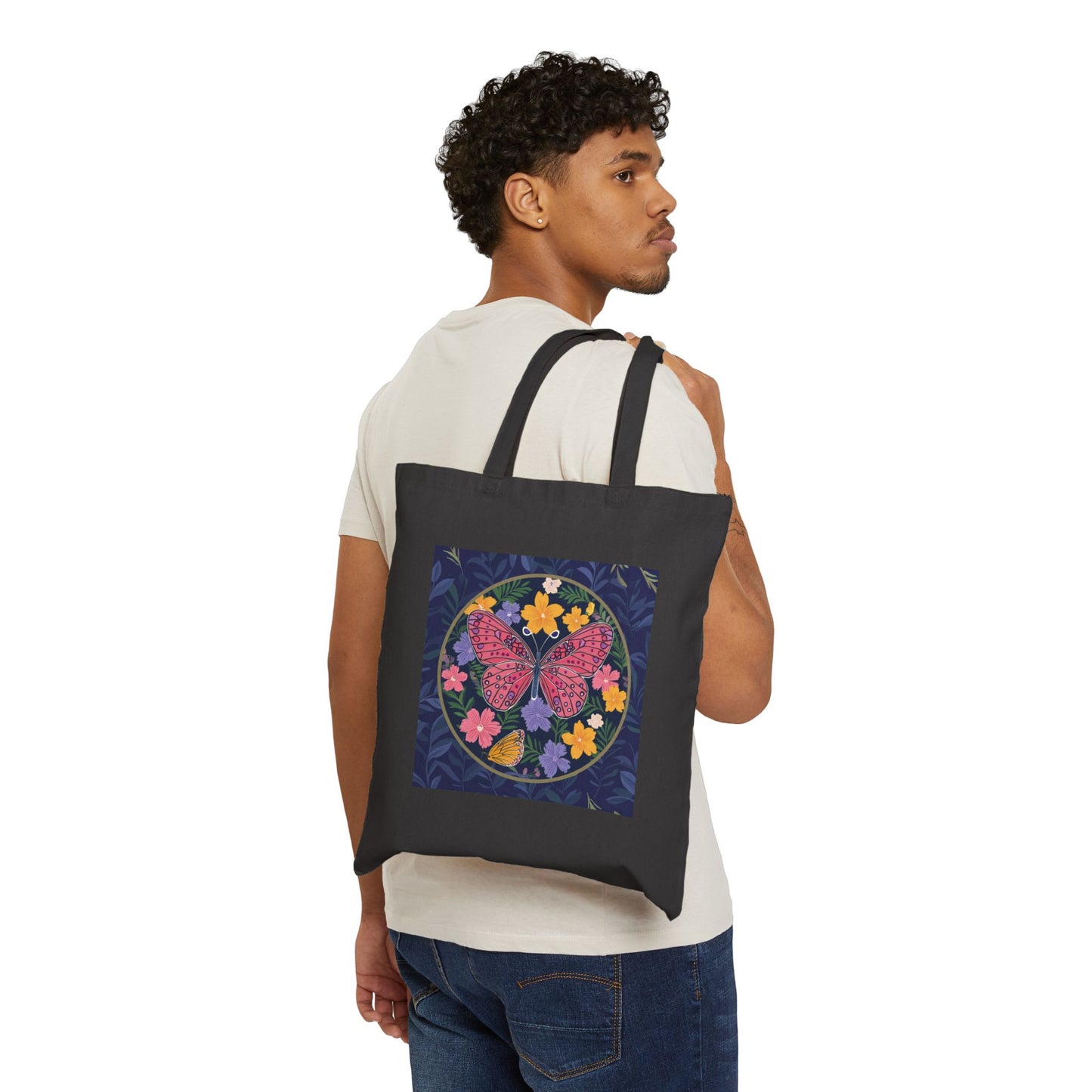 Butterfly in Flowers Cotton Canvas Tote Bag