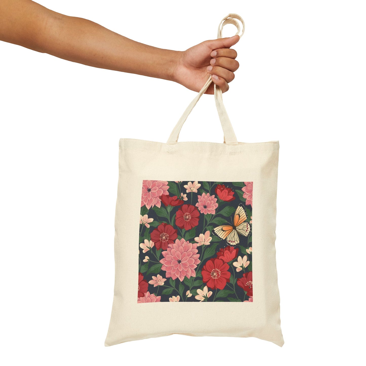 Butterfly in Flowers Cotton Tote Bag, Durable 15"x16" Canvas Bag for Everyday Shopping, Perfect Gift for Nature Lovers