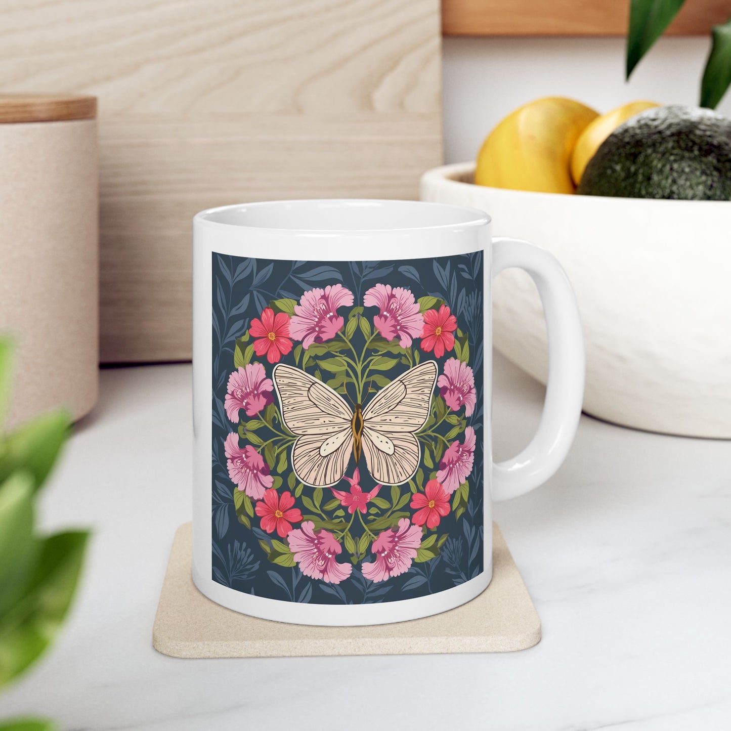 Butterfly in Floral Wreath Ceramic Mug